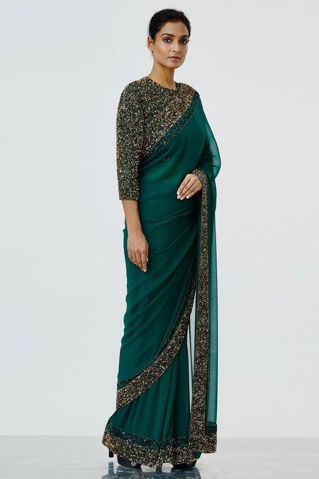 Nakul Sen_Green Chiffon Sequin Embellished Saree With Blouse_Online_at_Aza_Fashions