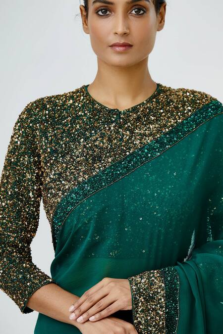 Shop_Nakul Sen_Green Chiffon Sequin Embellished Saree With Blouse_Online_at_Aza_Fashions