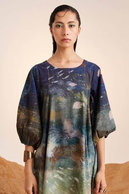 Buy_Cord_Blue Cotton Embroidery Round Neck Underwater Print Umbrella Dress_Online_at_Aza_Fashions