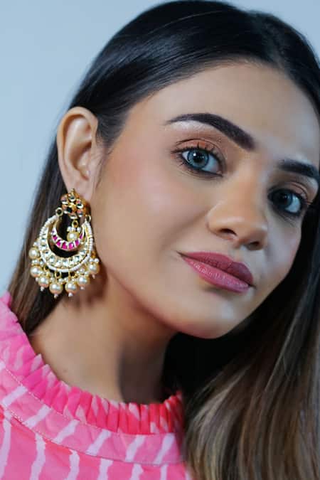 Shop Namasya Gold Plated Pearls Kundan Stone Chandbali Earrings at Aza Fashions Shop_Namasya_Gold Plated Pearls Kundan Stone Chandbali Earrings _at_Aza_Fashions