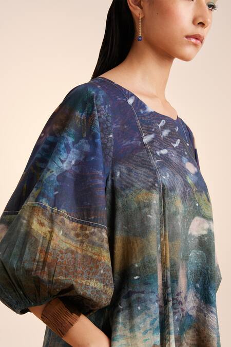 Shop_Cord_Blue Cotton Embroidery Round Neck Underwater Print Umbrella Dress_Online_at_Aza_Fashions