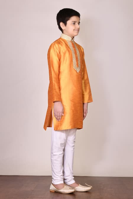 Petite Pomme_Yellow Silk, Cotton Embroidery Kurta Set _Online_at_Aza_Fashions