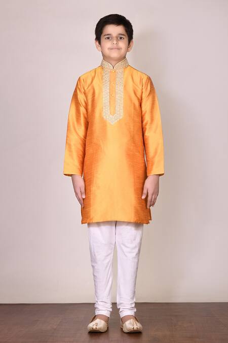 Buy_Petite Pomme_Yellow Silk, Cotton Embroidery Kurta Set _Online_at_Aza_Fashions