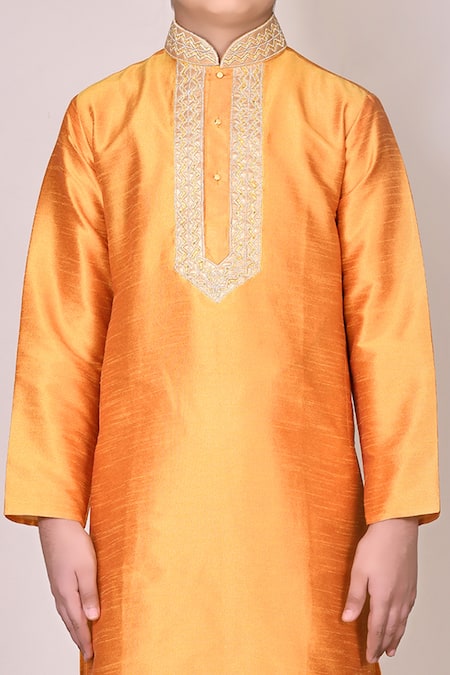 Shop_Petite Pomme_Yellow Silk, Cotton Embroidery Kurta Set _Online_at_Aza_Fashions