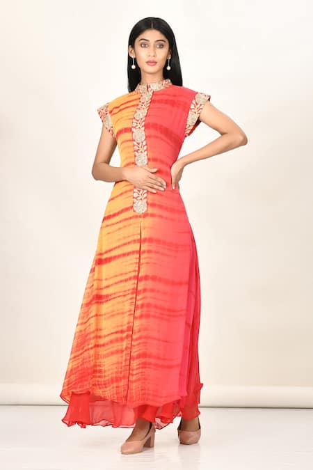 Samyukta Singhania Orange Chiffon Tie And Dye Mandarin Collar & Kurta 