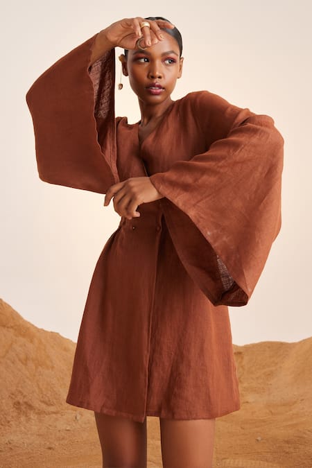 Buy_Cord_Brown Linen V Neck Bell Sleeve Dress_Online_at_Aza_Fashions