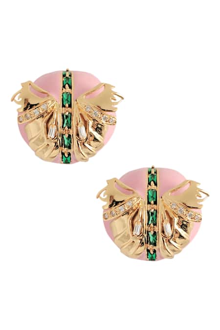 Shop Outhouse Gold Plated Crystals Papilio Button Stud Earrings at Aza Fashions Shop_Outhouse_Gold Plated Crystals Papilio Button Stud Earrings _at_Aza_Fashions