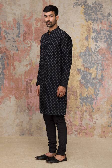 Devnaagri_Black Cotton Blend, Chanderi Bundi And Kurta Set _Online_at_Aza_Fashions