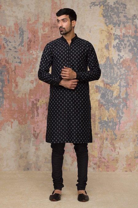 Buy_Devnaagri_Black Cotton Blend, Chanderi Bundi And Kurta Set _Online_at_Aza_Fashions