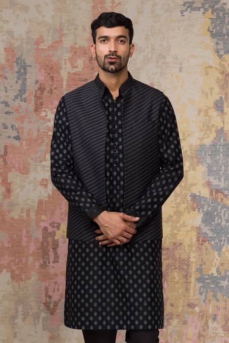 Shop_Devnaagri_Black Cotton Blend, Chanderi Bundi And Kurta Set _Online_at_Aza_Fashions
