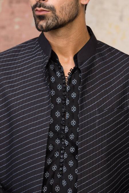 Devnaagri_Black Cotton Blend, Chanderi Bundi And Kurta Set _at_Aza_Fashions