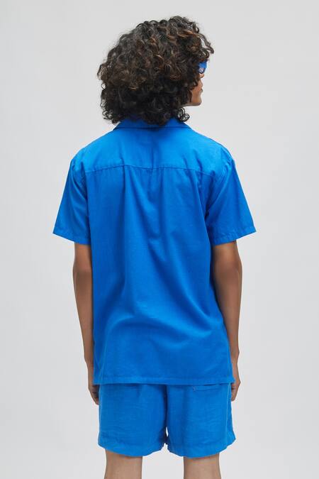 Shop Terra Luna Blue 100% Organic Handloom Cotton Palawan Shirt at Aza Fashions Shop_Terra Luna_Blue 100% Organic Handloom Cotton Palawan Shirt _at_Aza_Fashions