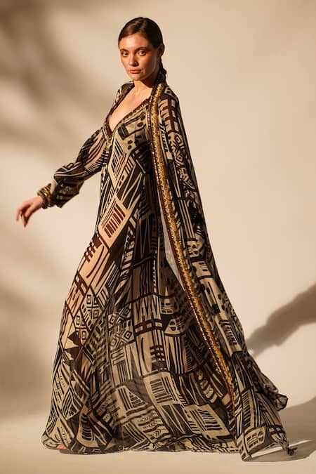 Nikita Mhaisalkar_White Georgette Cut Work, Beads Open Neck Abstract Printed Gown With Jacket _Online_at_Aza_Fashions