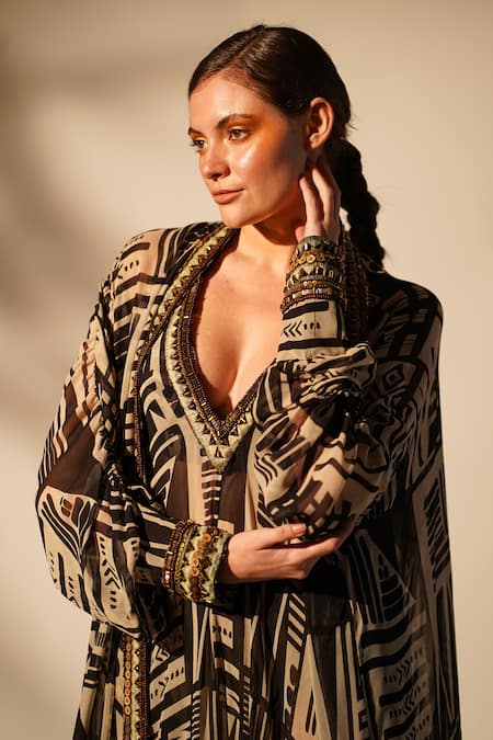 Buy_Nikita Mhaisalkar_White Georgette Cut Work, Beads Open Neck Abstract Printed Gown With Jacket _Online_at_Aza_Fashions