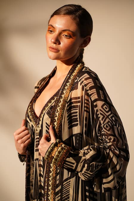 Shop_Nikita Mhaisalkar_White Georgette Cut Work, Beads Open Neck Abstract Printed Gown With Jacket _Online_at_Aza_Fashions