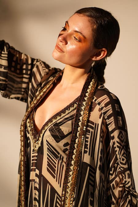 Nikita Mhaisalkar_White Georgette Cut Work, Beads Open Neck Abstract Printed Gown With Jacket _at_Aza_Fashions