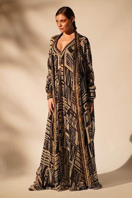 Buy_Nikita Mhaisalkar_White Georgette Cut Work, Beads Open Neck Abstract Printed Gown With Jacket 