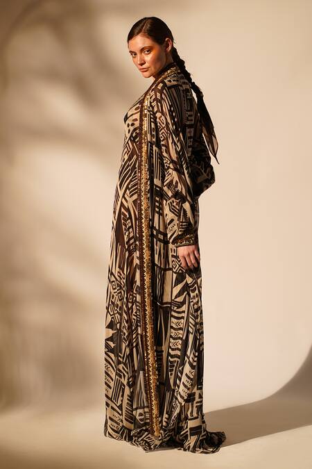 Shop_Nikita Mhaisalkar_White Georgette Cut Work, Beads Open Neck Abstract Printed Gown With Jacket 