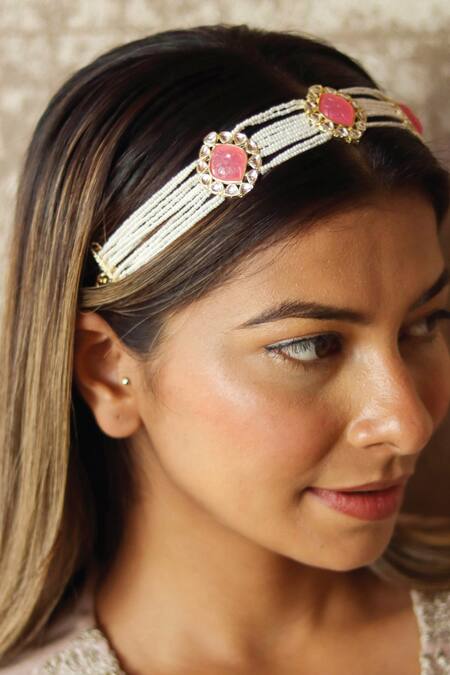 Shop Hair Drama CO Gold Polkis Floral Enamelled And Studded Hair Band Shop_Hair Drama CO_Gold Polkis Floral Enamelled And Studded Hair Band