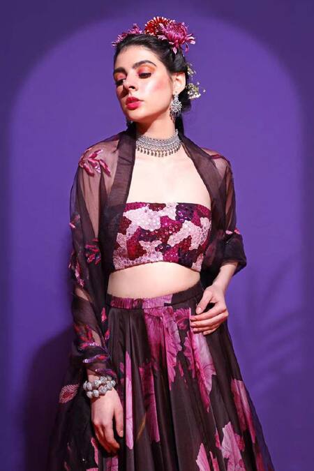 Buy Mahima Mahajan Purple Organza, Shantoon Blouse Straight Neck Printed Lehenga Set at Aza Fashions Buy_Mahima Mahajan_Purple Organza, Shantoon Blouse Straight Neck Printed Lehenga Set_at_Aza_Fashions