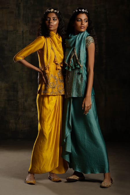 Shop_Mona And Vishu_Yellow Draped Skirt  Satin Linen, Kurta And Scarf Chanderi Silk Beads, Set _Online_at_Aza_Fashions