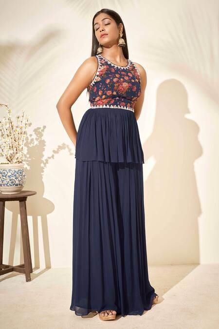 Suruchi Parakh_Blue Georgette And Crepe Lining Shantoon Floral Print & Mirror Tunic & Pant Set_Online_at_Aza_Fashions