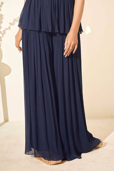 Suruchi Parakh_Blue Georgette And Crepe Lining Shantoon Floral Print & Mirror Tunic & Pant Set_at_Aza_Fashions