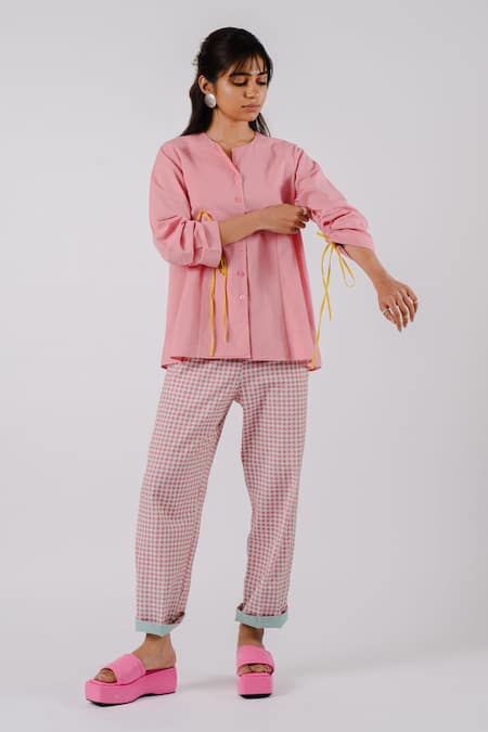 Shop Tussah By Siddhi Shah Pink Cotton Cut Work Round Neck Placed Shirt With Pant Online at Aza Fashions Shop_Tussah By Siddhi Shah_Pink Cotton Cut Work Round Neck Placed Shirt With Pant _Online_at_Aza_Fashions