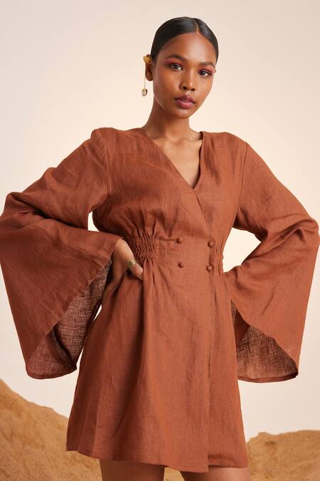 Shop_Cord_Brown Linen V Neck Bell Sleeve Dress_Online_at_Aza_Fashions