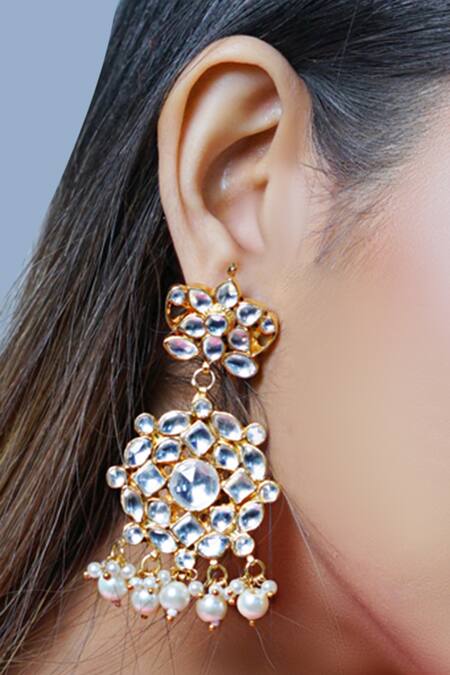 Namasya Gold Plated Pearls Kundan Carved Dangler Earrings Online at Aza Fashions Namasya_Gold Plated Pearls Kundan Carved Dangler Earrings _Online_at_Aza_Fashions