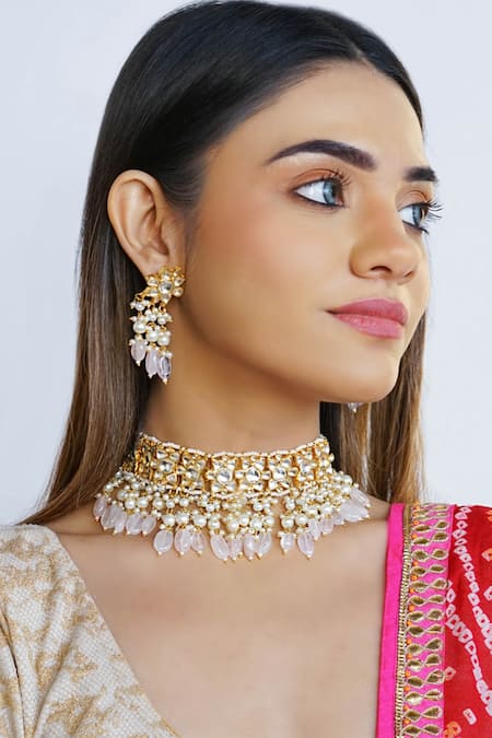 Shop_Namasya_Gold Plated Beads Kundan Stone Necklace Set _at_Aza_Fashions