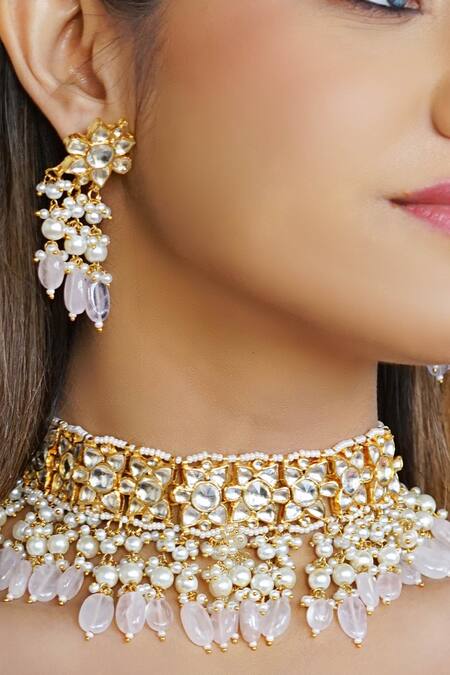 Namasya_Gold Plated Beads Kundan Stone Necklace Set _Online_at_Aza_Fashions