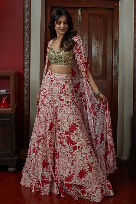 Arpita Mehta_Red Georgette Sequins, Tassels Sweetheart Neck Floral Pattern Cape And Sharara Set_Online_at_Aza_Fashions