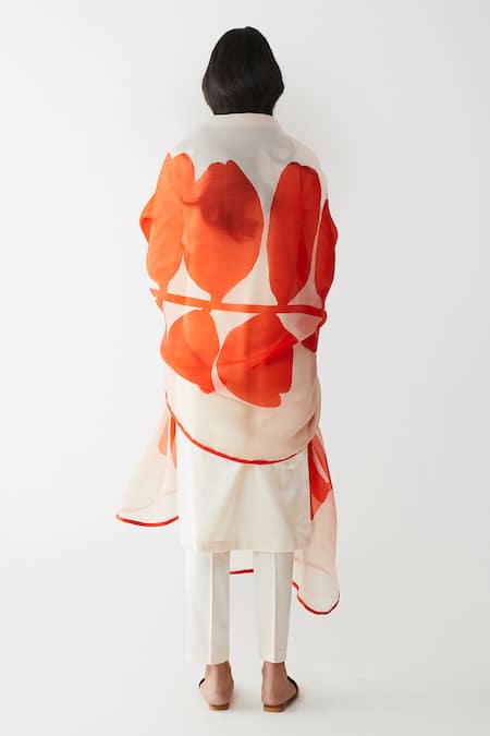 Shop_Kshitij Jalori_Orange Silk Satin Organza Floral Print Dupatta _at_Aza_Fashions