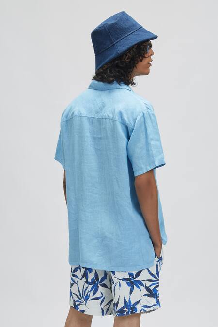 Shop Terra Luna Blue 100% Linen Palawan Shirt at Aza Fashions Shop_Terra Luna_Blue 100% Linen Palawan Shirt_at_Aza_Fashions