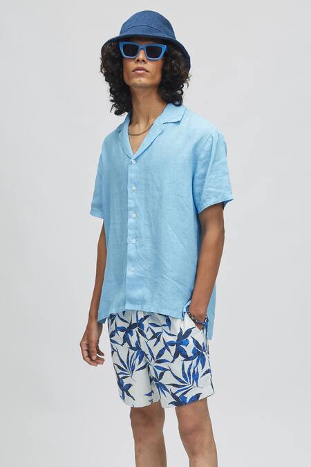 Terra Luna Blue 100% Linen Palawan Shirt Online at Aza Fashions Terra Luna_Blue 100% Linen Palawan Shirt_Online_at_Aza_Fashions