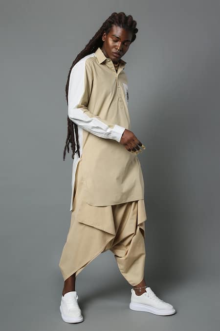 House Of Three_Beige Cotton Poplin Vikrama Kurta _Online_at_Aza_Fashions