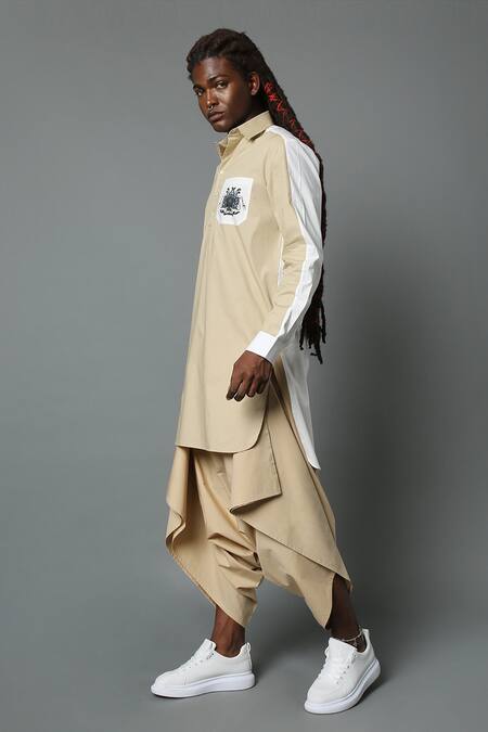 Buy_House Of Three_Beige Cotton Poplin Vikrama Kurta _Online_at_Aza_Fashions