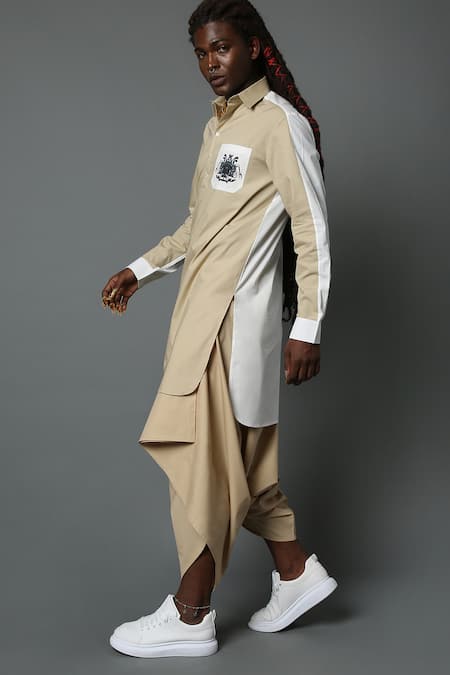 Shop_House Of Three_Beige Cotton Poplin Vikrama Kurta _Online_at_Aza_Fashions