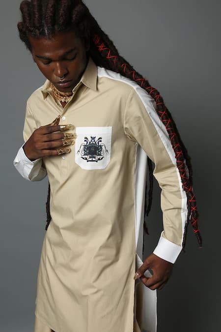 House Of Three_Beige Cotton Poplin Vikrama Kurta _at_Aza_Fashions