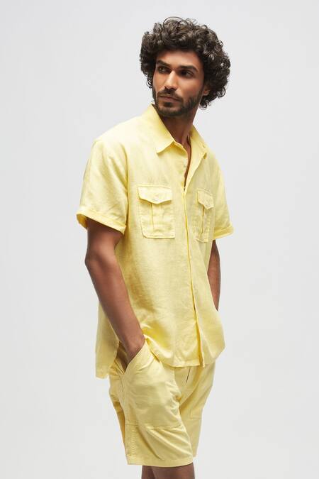 Terra Luna Yellow 100% Linen Plain Bellando Shirt Online at Aza Fashions Terra Luna_Yellow 100% Linen Plain Bellando Shirt _Online_at_Aza_Fashions