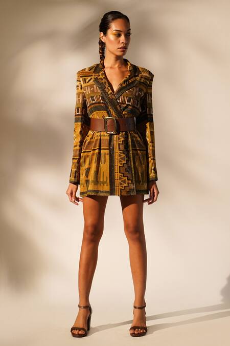 Nikita Mhaisalkar_Yellow Georgette Sequins, Embroidery Collared Aztec Print Blazer Dress _Online_at_Aza_Fashions