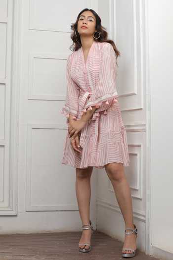 Myoho_Pink Cotton, Silk Tassels V-neck Jagged Striped Pattern Dress_Online_at_Aza_Fashions
