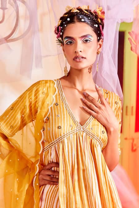Mona And Vishu_Yellow Modal Satin, Dupatta Georgette Cut Dana, Stripe Peplum Kurta Sharara Set _Online_at_Aza_Fashions