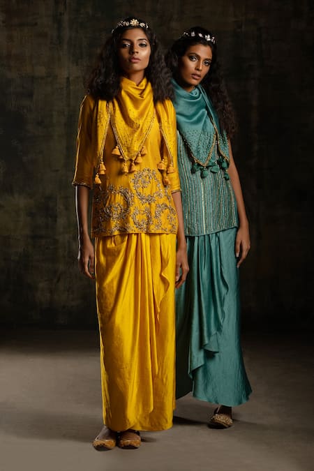 Mona And Vishu_Yellow Draped Skirt  Satin Linen, Kurta And Scarf Chanderi Silk Beads, Set _at_Aza_Fashions