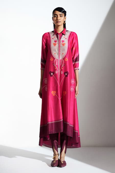 AMPM Pink Chanderi Printed High Low Tunic