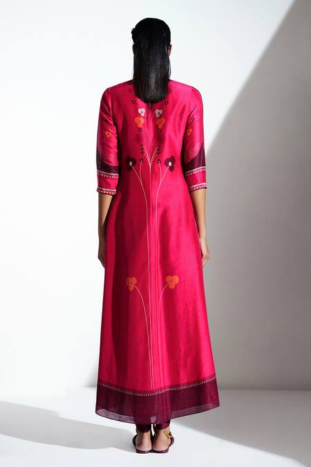 Shop_Ampm_Pink Chanderi Printed High Low Tunic_at_Aza_Fashions
