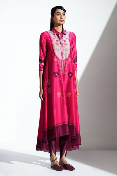 Ampm_Pink Chanderi Printed High Low Tunic_Online_at_Aza_Fashions