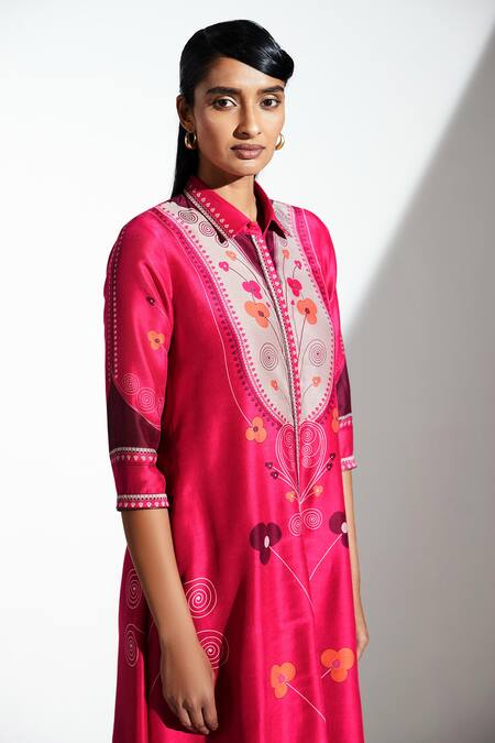 Shop_Ampm_Pink Chanderi Printed High Low Tunic_Online_at_Aza_Fashions