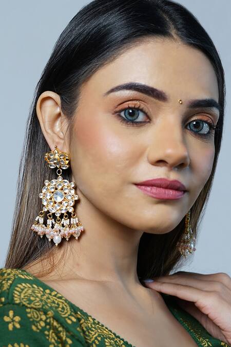 Namasya_Gold Plated Pearls, Diamonds Carved Dangler Earrings _Online_at_Aza_Fashions